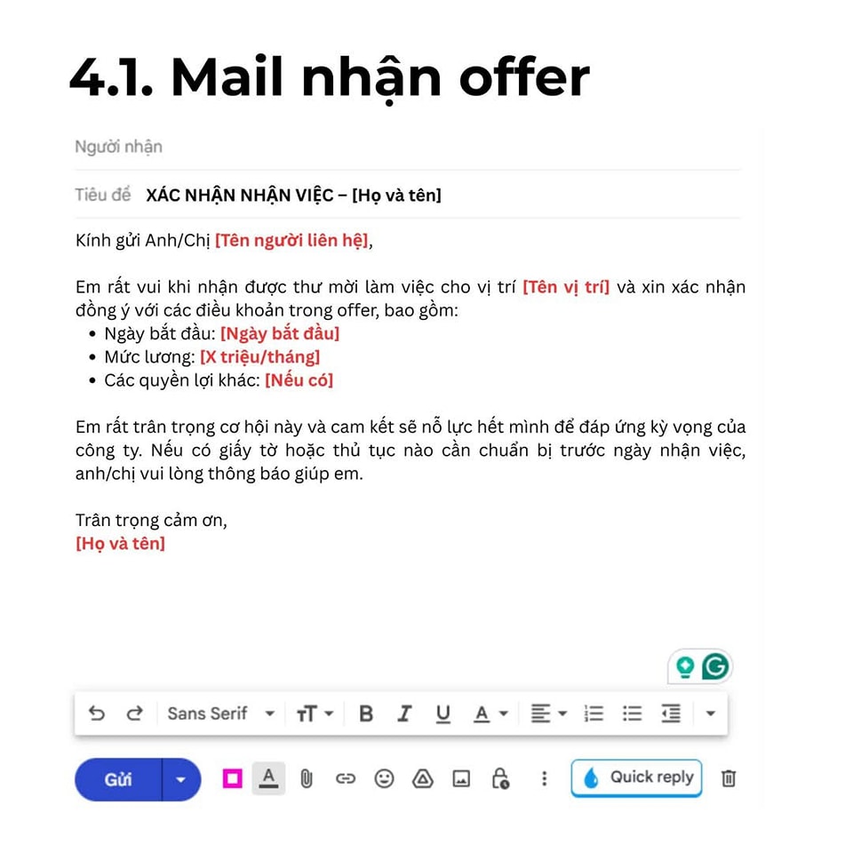 Các mẫu email liên quan đến Offer làm việc