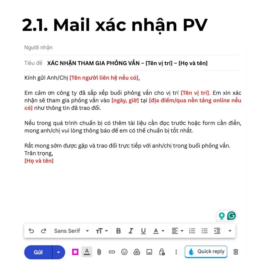 mẫu email liên quan đến lịch phỏng vấn