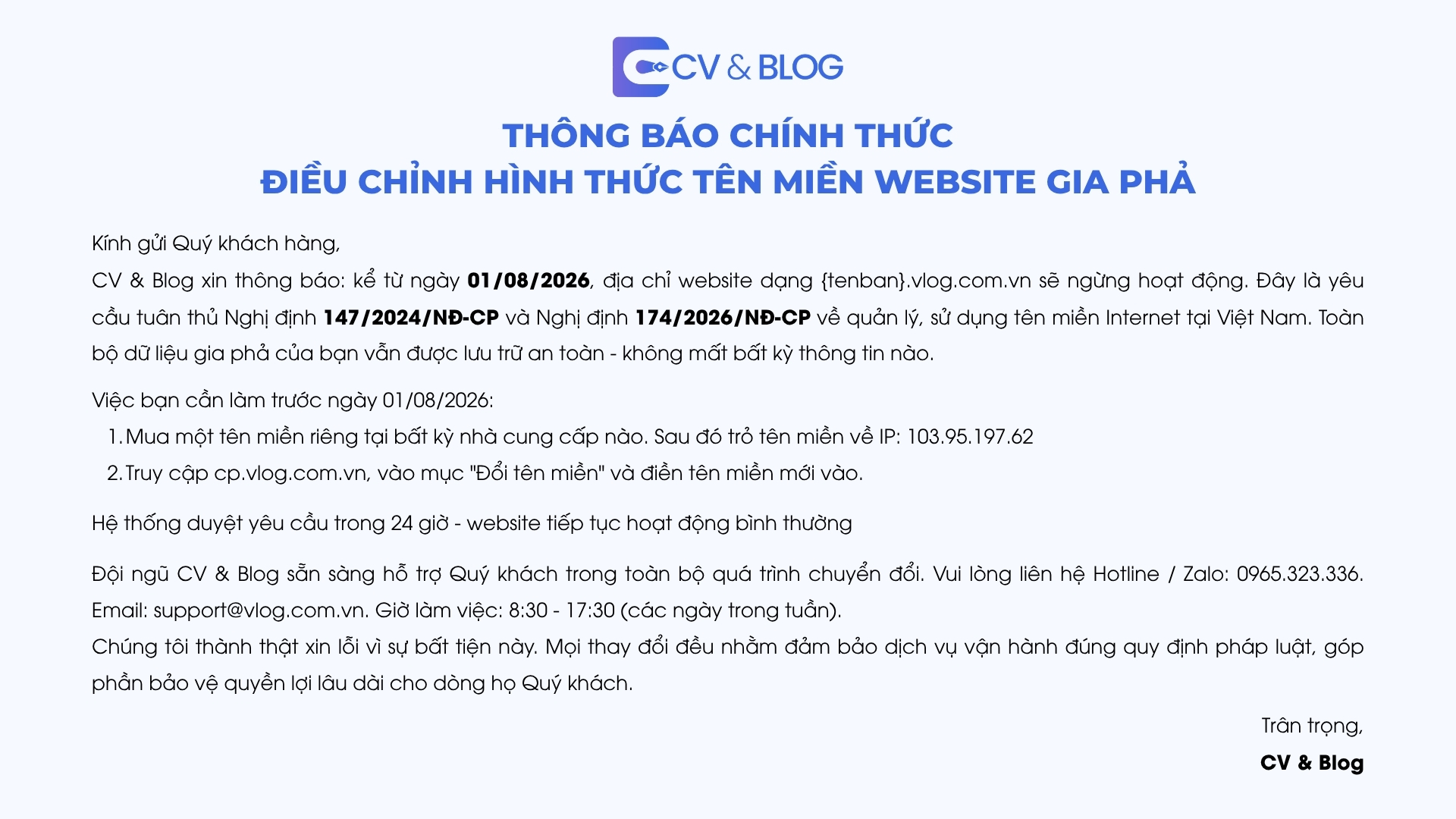 THÔNG BÁO: Điều chỉnh hình thức tên miền website CV&Blog theo Nghị định 147/2024/NĐ-CP và Nghị định 174/2026/NĐ-CP